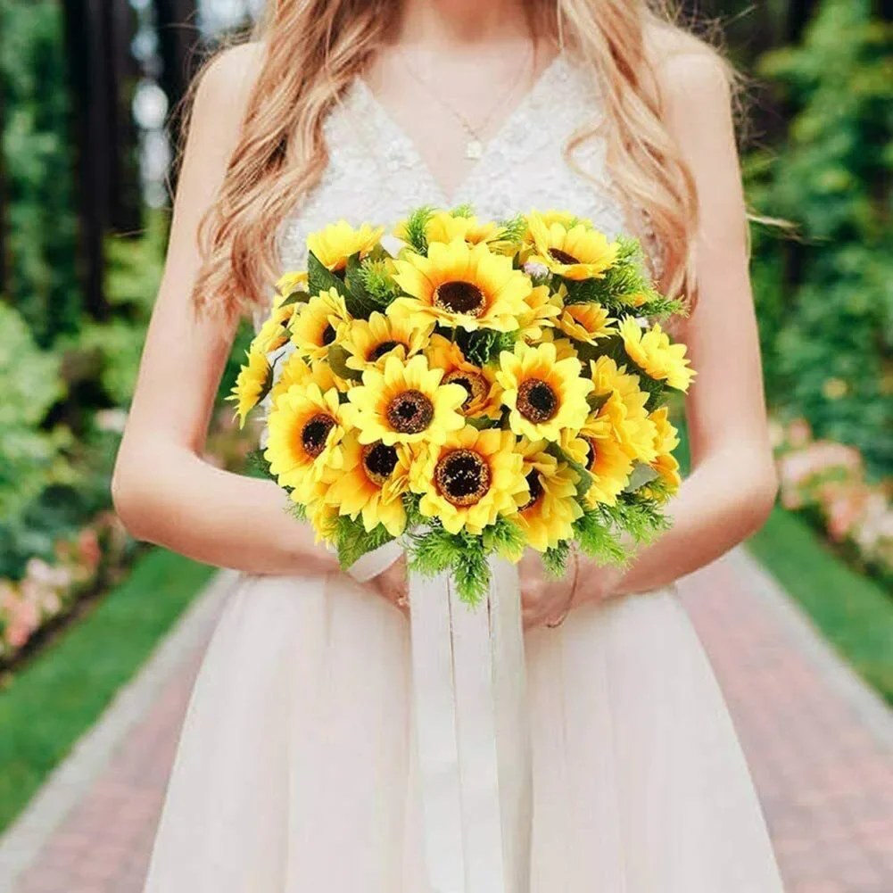 7 Heads Artificial Sunflower Flowers Bouquet Silks Flowers for Home Bridal Wedding Car Party Festival Gifts DIY Vase Decor