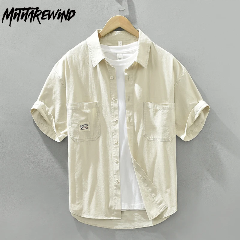 

Japanese Cargo Shirt for Men 100% Cotton Casual Loose Solid Color Short Sleeves Shirt Summer Simple Versatile Fashion Tops Men
