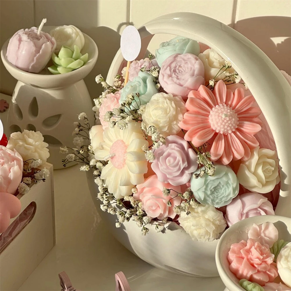 33PCS DIY Rose Bouquet Candle Silicone Mold Handmade Peony Bouquet Soy Wax Candle Making Tool Birthday Gift Wedding Home Decor