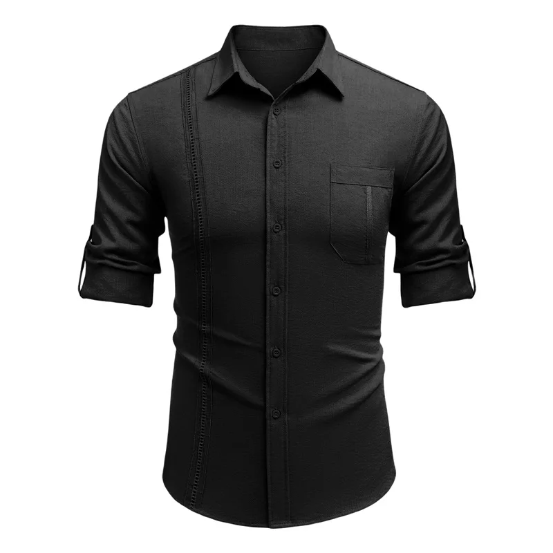 

Men s Casual Lapel Shirt Solid Color Eyelet Jacquard Long Sleeve Button-Down Loose Simple Blouse with Chest Pocket