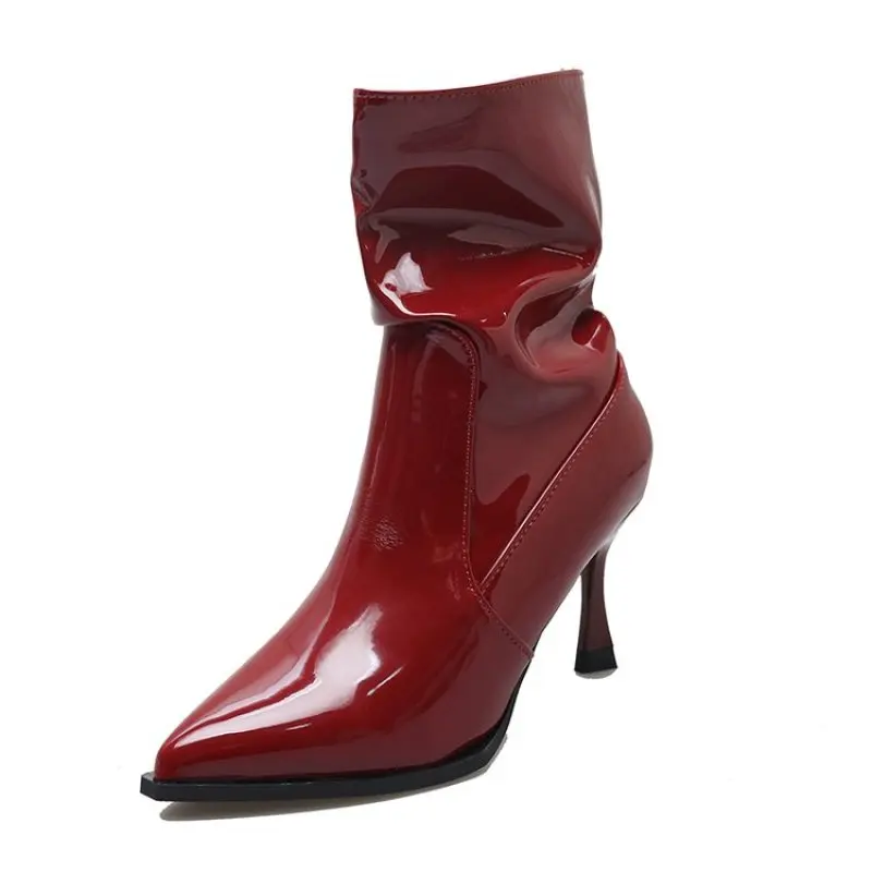2024 Women Gloss Patent Leather Boots Winter Fashion Trendy Pleated Boots Woman Pointy Toe Spike Heels Shoes 35-39