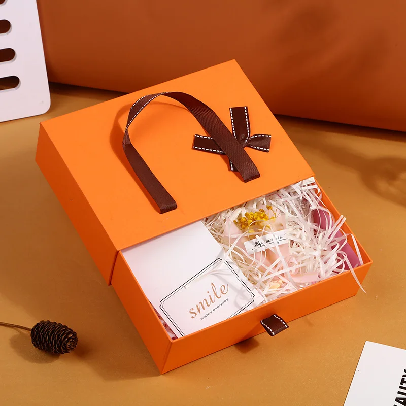 Gift Boxes with Lids Orange Small Gift Box with Ribbon Handle for