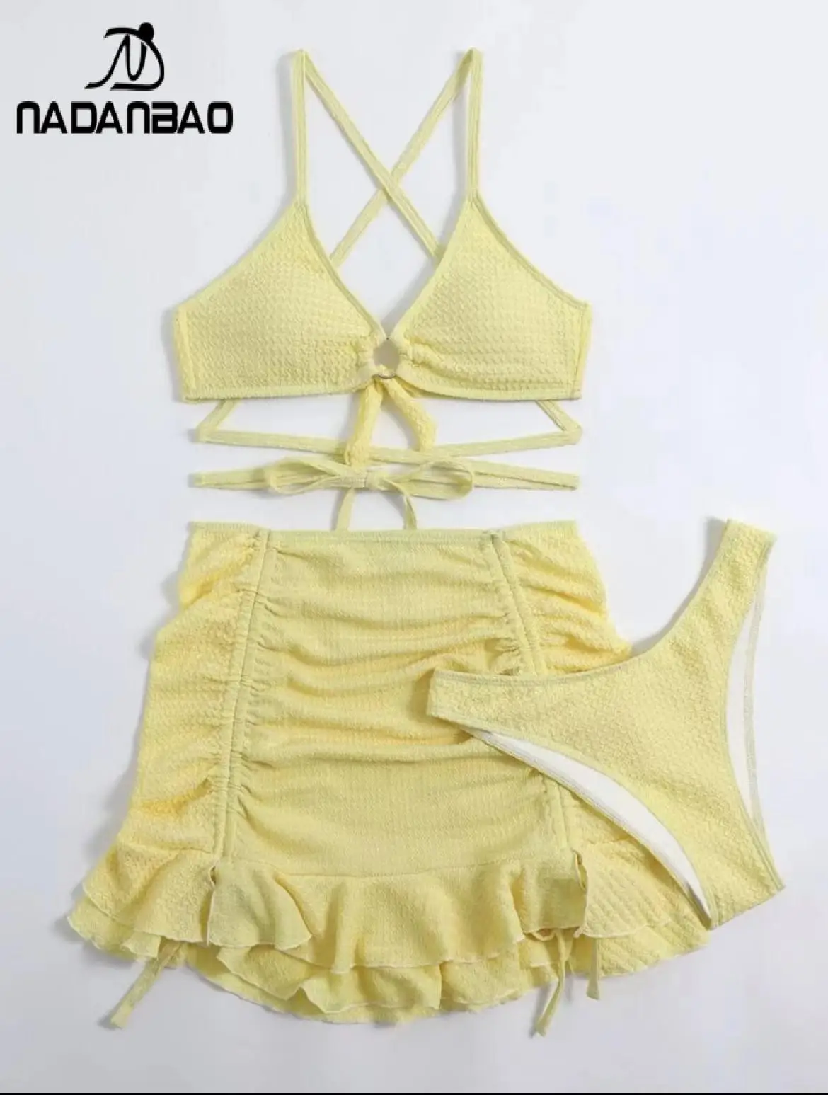 Nadanbao Bandage Bikini Dress Sets Women Swimwear Backless Bodysuit Swimsuit Female Halter Beach Party Three-Piece Set Bikini