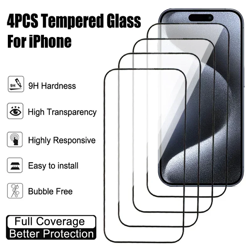 

4 шт. противоударное закаленное стекло для Apple iPhone 15 14 Plus 13 12 Mini 11 Pro Защитная пленка для экрана iPhone X XR XS Max защитная пленка