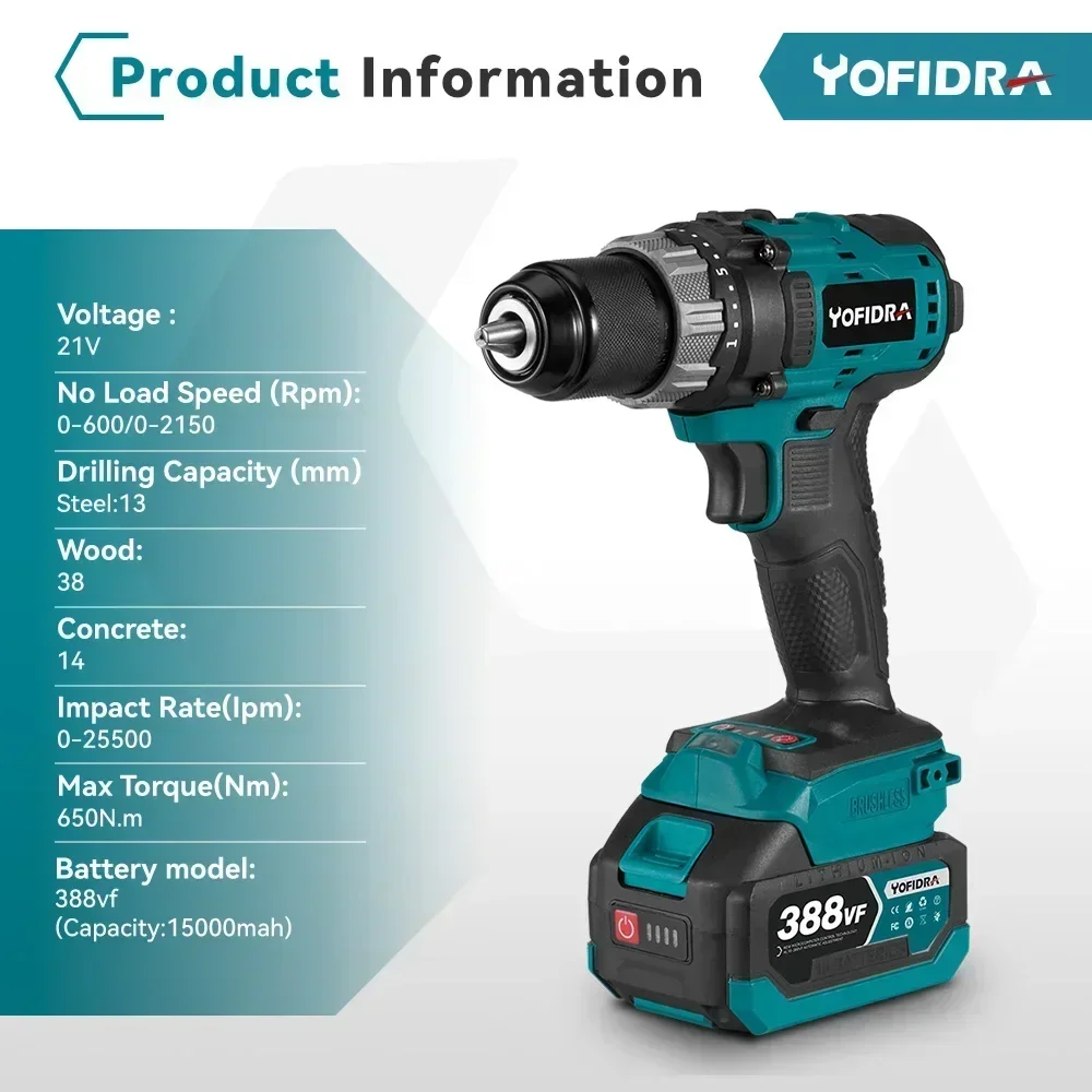 YOFIDRA Electric Drill 650N.m 13mm Brushless 25 plus 3 Torque Multifunction Home DIY Breaking Power Tool Compatible with Makita 18V Battery Pin - Image 3