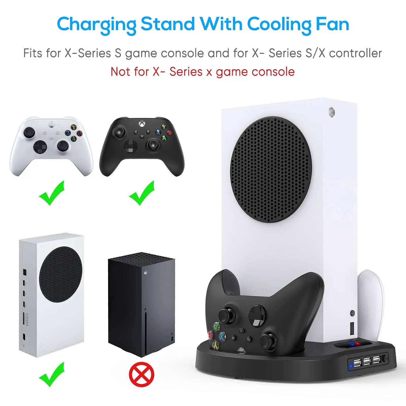 Xbox 시리즈 S 컨트롤러용 수직 충전 스탠드, 냉각 선풍기 충전기 도킹 스테이션, LED 표시기 및 3 USB 허브