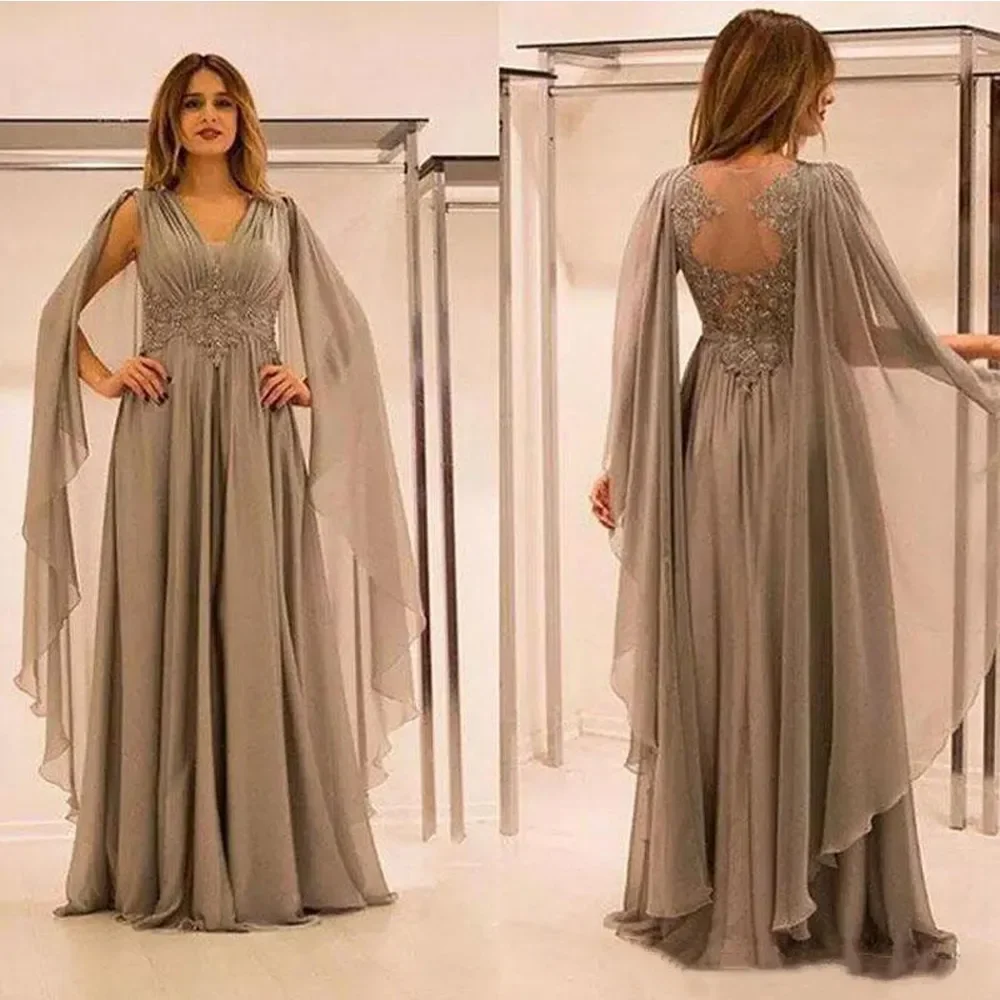 

Elegant Chiffon Lace Mother of the Bride Dresses Shawl Sleeves V-Neck Plus Size Saudi Arabic Groom Mother Evening Prom Dresses