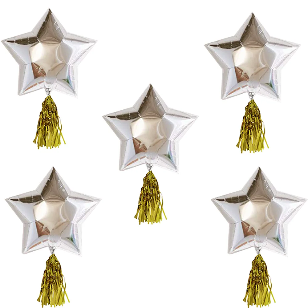 

5pcs 18Inch Pentagram Silver Foil Balloons With golden tassels for Baby Shower Engagement Wedding Anniversary Party Deco DIY