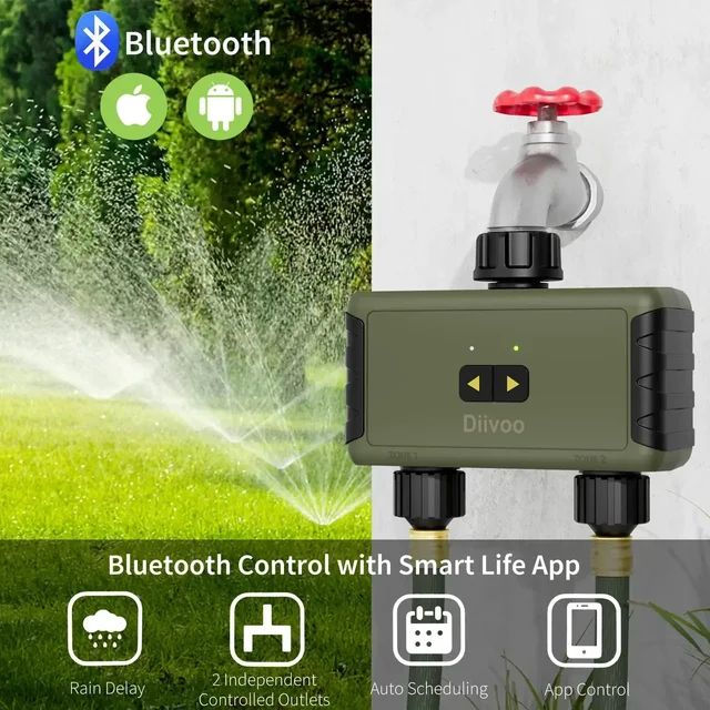 Diivoo Smart 2 Zone Watering Timer Bluetooth Garden Automatic Irrigation System Drip Sprinkler Controller Valve Smart Life Tuya 3