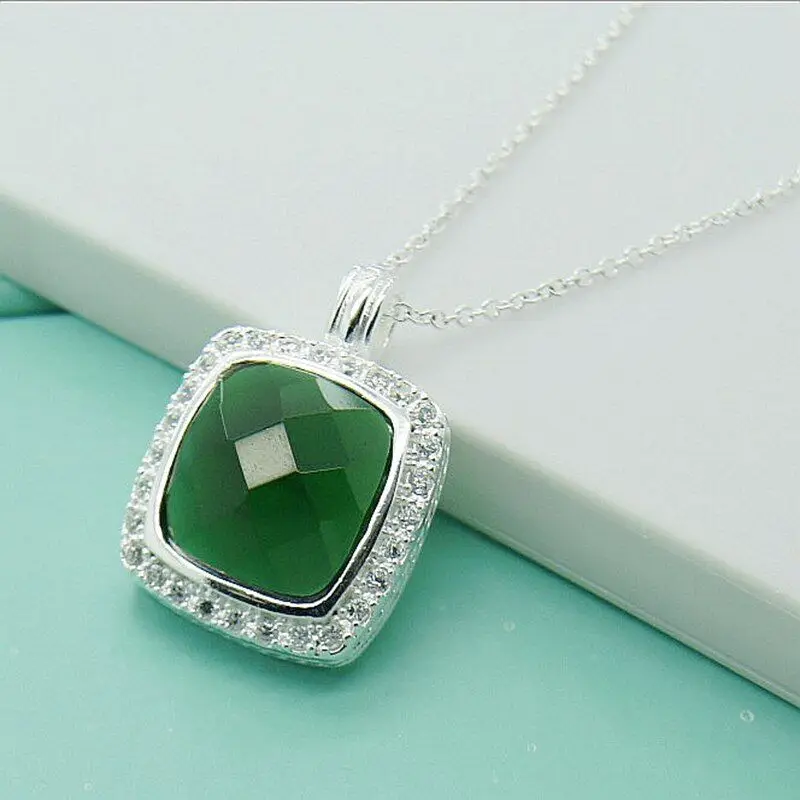 

925 Sterling Silver Square Green Gemstone Pendant Chain Necklace Fashion Jewelry