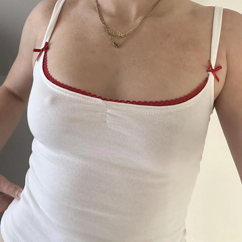 Streetwear Fairy Y2K 00s Cutest Camis Tops Kawaii Bow Lace Trim Strap Crop Tops Cottage Vintage Slim Fit Tank Tops Women Vest