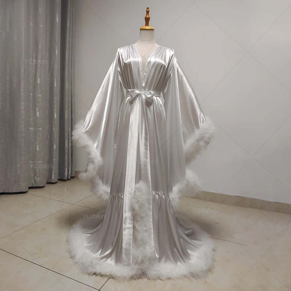 Robe for Women Flare Sleeves Feather Boudoir Bridal Robe Nightgown Silk Satin Long Wedding Party Dressing Gown Photography Dress