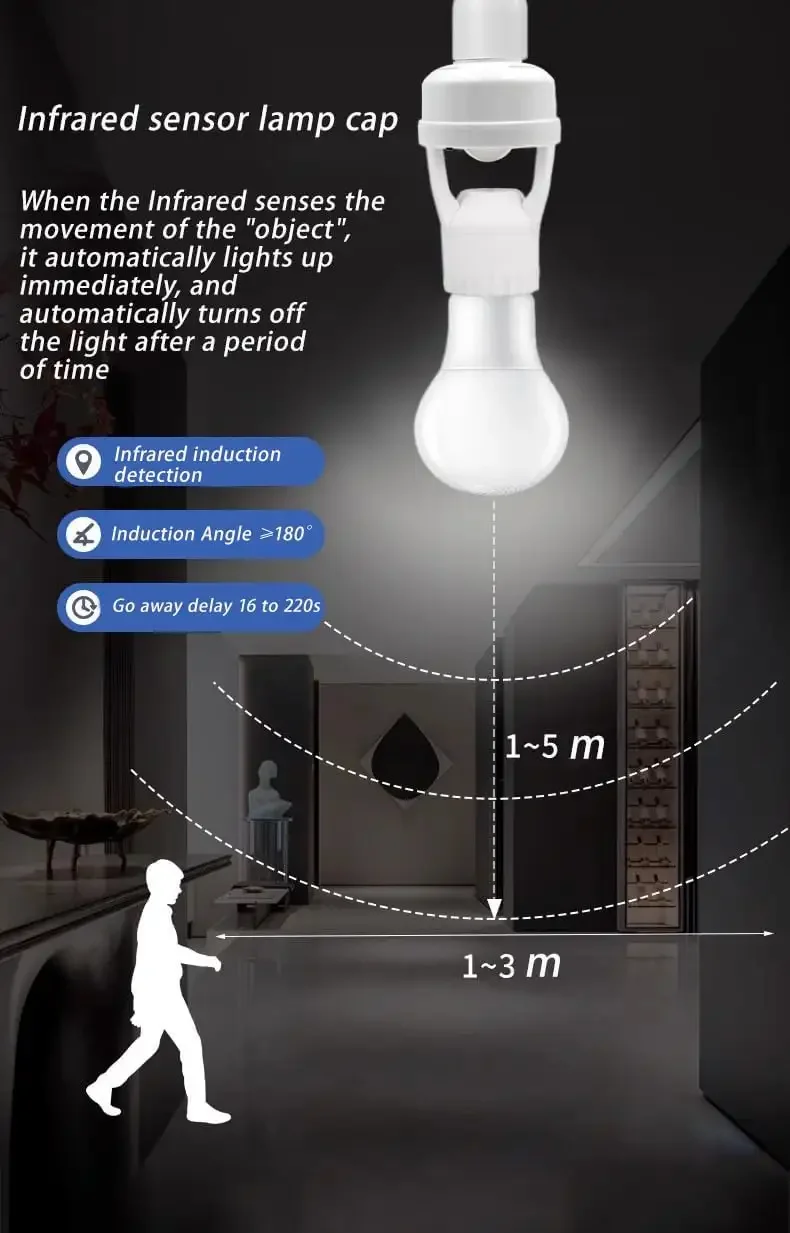 Motion Sensor Light Socket Smart Screw in Light Bulb E27 Motion Activated Bulb Holder Adapter Control for Garage Storage
