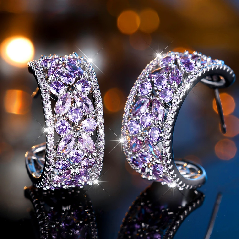 Luxury Female Red Green Purple Zircon Crystal Stone Stud Earrings Big Charm Silver Color Wedding European Jewelry For Women