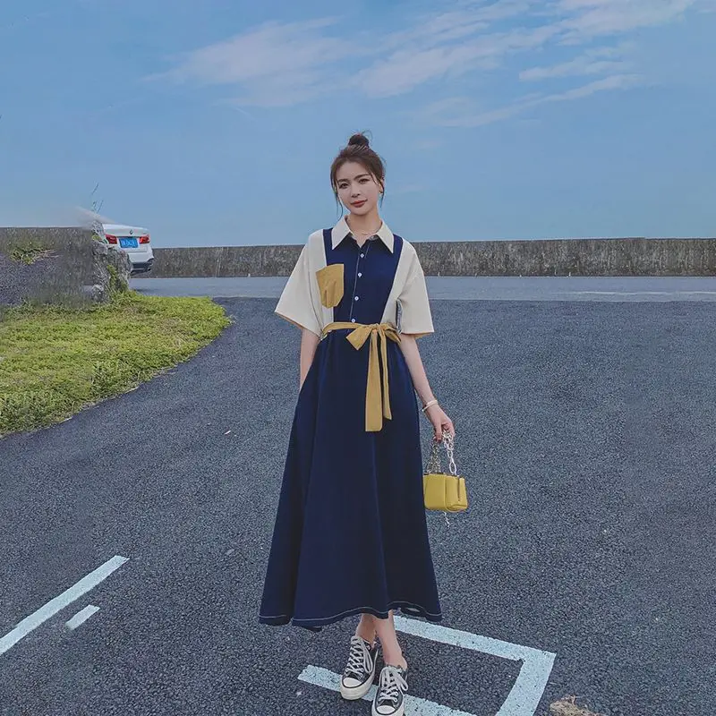 Dress for Women Temperament Shirt Skirt Retro Splicing Contrast Color Over Knee Mid-length Lapel Waist to Make You Look Thin 4
