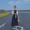 Dress for Women Temperament Shirt Skirt Retro Splicing Contrast Color Over Knee Mid-length Lapel Waist to Make You Look Thin 4