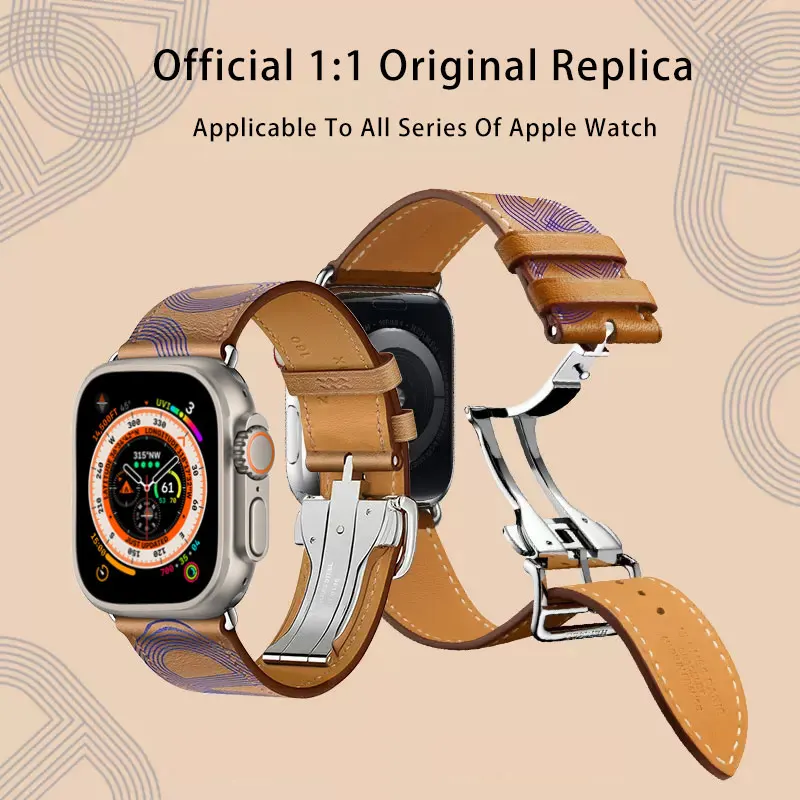 

High-quality Genuine Leather Strap For Apple Watch Band Deployment Buckle Bracelet For Apple Watch iWatch Ultra 8 7 6 SE 5 4 3 2