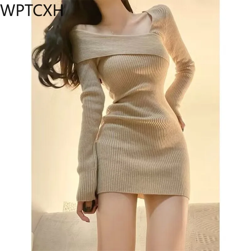 

WPTCXH 2024 Women Coquette Sexy Long Sleeve Tunic Cabaret Dresses Khaki Winter Clothes Korean Style Mini Knitted One-piece Dress