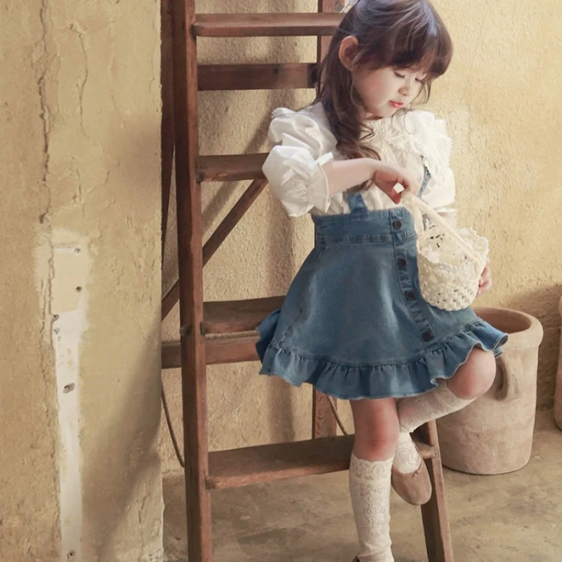 Girls' Suspender Dress Spring Strawberry Shan Han Ruffled Denim Sling Trendy Comfortable Cute Sweet