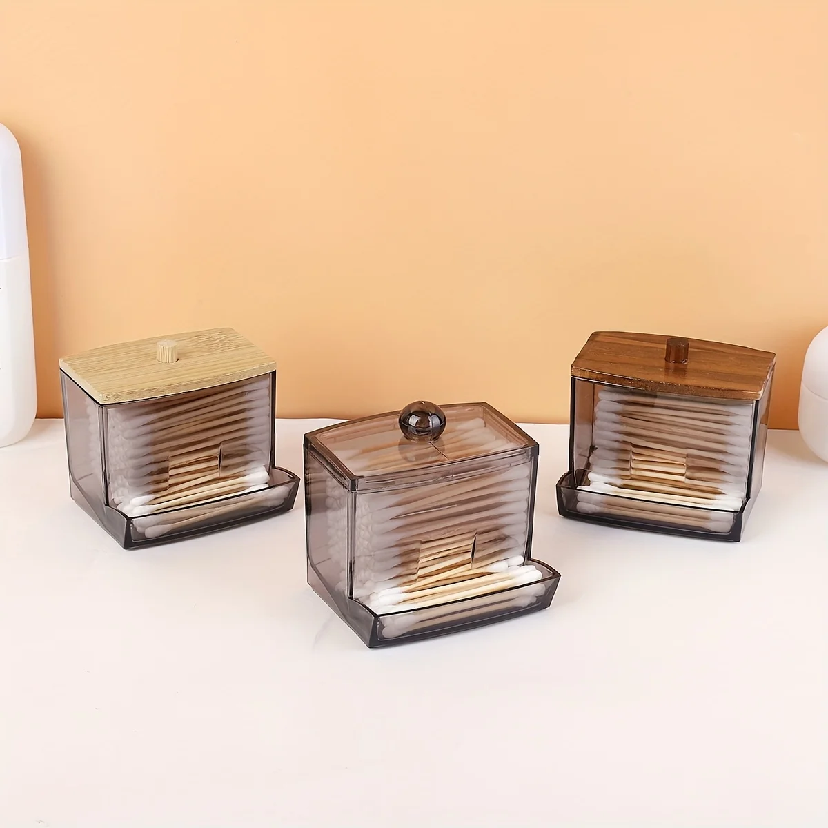Acrylic Cotton Swab Holder with Bamboo Lid Clear Dispenser Bathroom Containers Canister Cotton Swab Holder Bathroom Accessories 2
