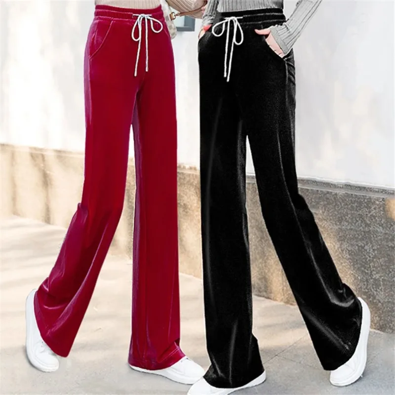 2024 New Women's Velvet Elastic High Waist Wide Leg Pants Spring Casual Straight Pantalon Elegant Trousers Korean Basic Spodnie