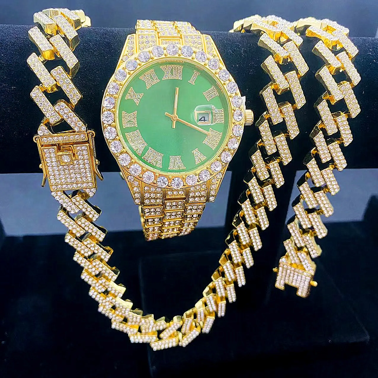 3PCS Iced Out Watches for Men Gold Watch Set 15mm Cuban Chain Bracelet Necklace Diamond Jewelry Set Watch Men Relogio De Pulso