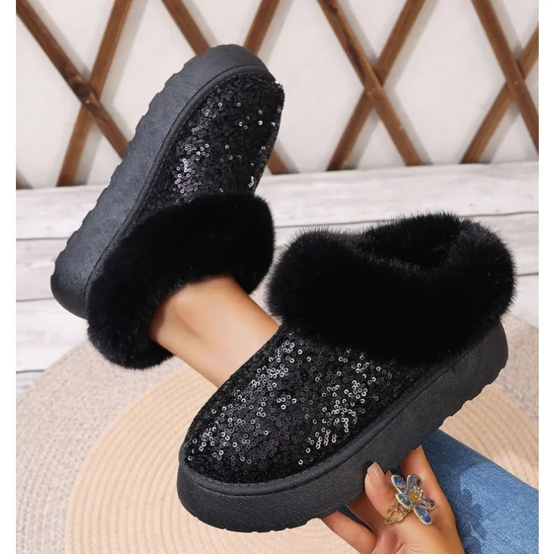 여성용 스노우 부츠, 벨벳 스팽글 라인스톤, 슬립온 플러시, 겨울 짧은 부츠, 신상