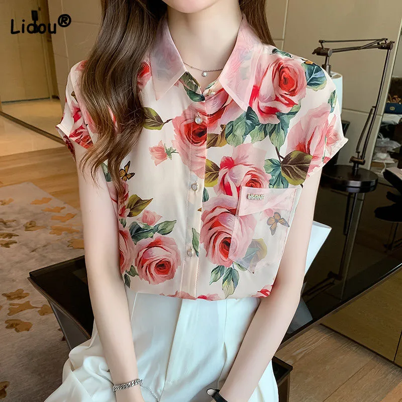 Korean Elegant Female Mesh Polo-Neck Printed Shirt Summer 2023 Temperament Fashion Short Sleeve Floral Blouse Women's Clothing qoerlin 2 pieces embroidered chiffon shirt summer suspender top two piece lace hollow mesh top sexy temperament pullover blouse