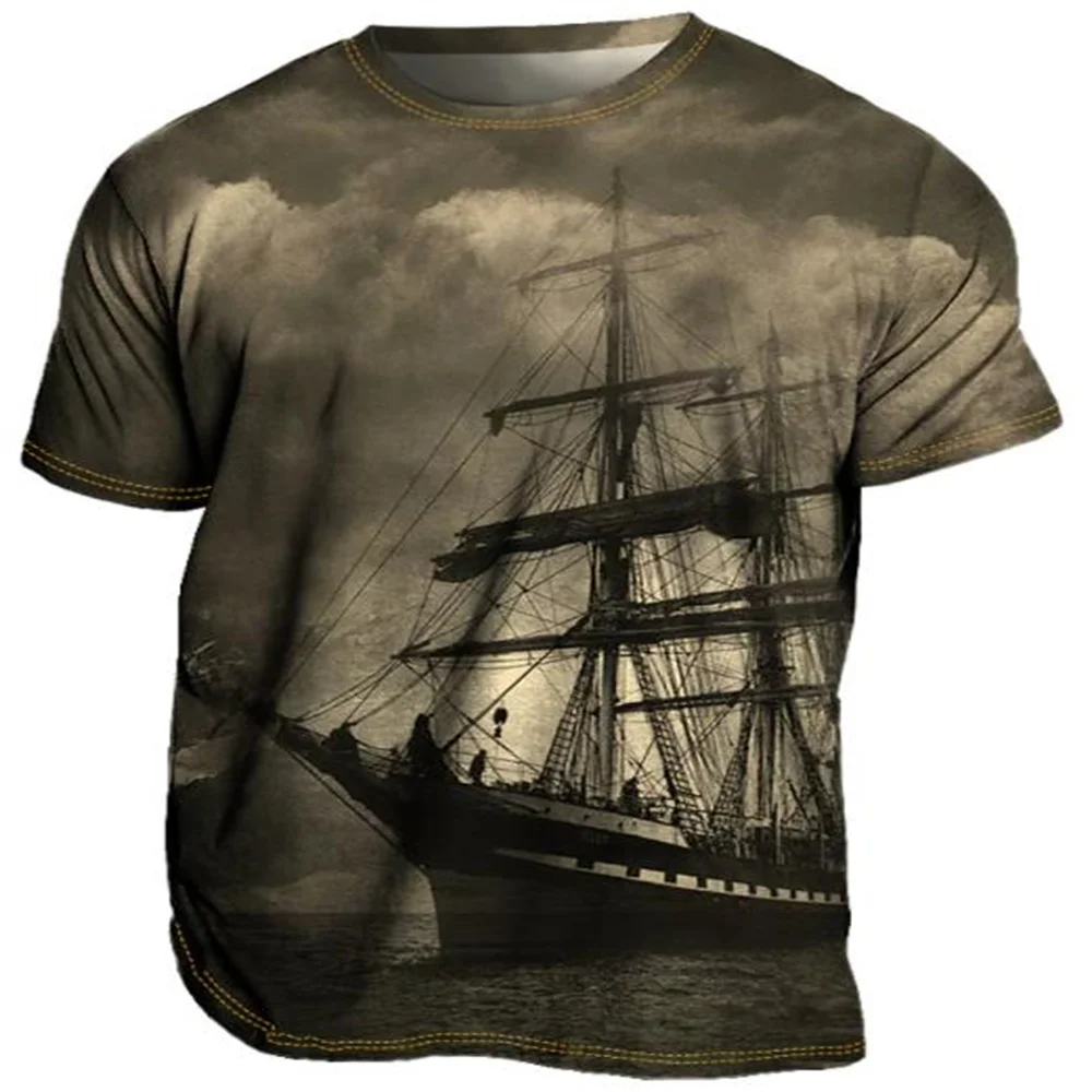 

Summer Men's T-shirt 3d Sailing Boat Printed Vintage Compass Print Short Sleeve Tops Street Tees Graphic 2023 T Shirt Oversized