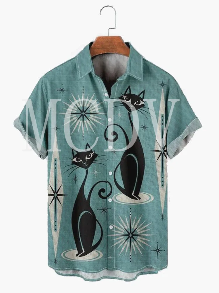 Men's Vintage Japanese Feline Art Cat Skull Tattoo Print Casual Breathable Short Sleeve Hawaiian Shirt tattoo carved sleeve iv табурет