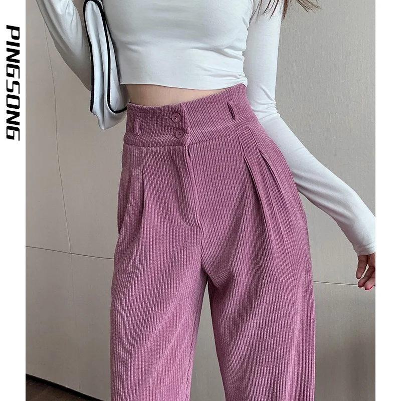 High Waist Straight Casual Pants For Women  Autumn Winter Pink White Sold Color Retro Loose Thin Corduroy Wide Leg Pants