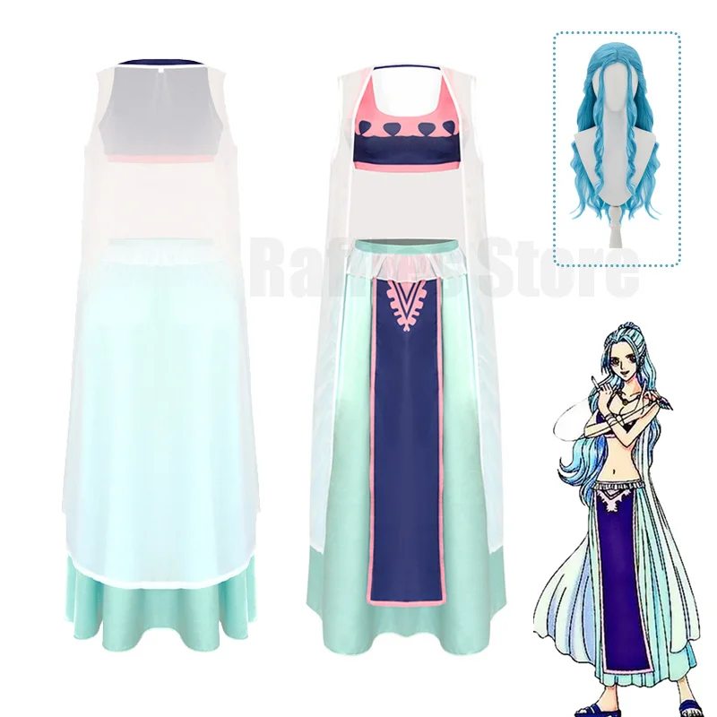 

1piece Anime Nefeltari Cosplay Blue Wig Costume Princess Vivi Miss Wednesday Cosplay Outfit Halloween Party Uniform Dress Suit