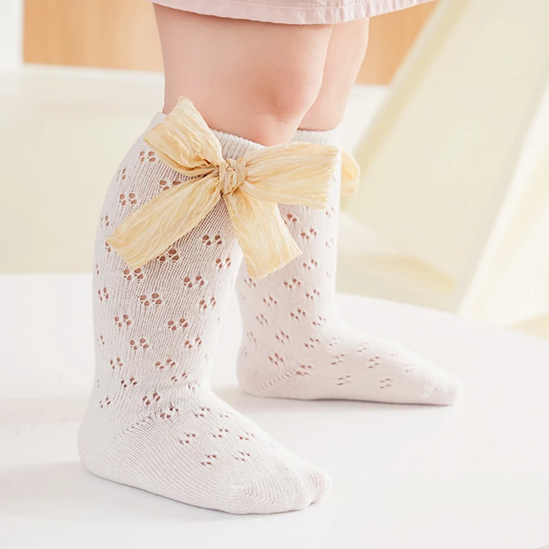 

Baby Girls Long Stockings Princess Hollow-Out Mesh Big Bowknot Toddler Socks Summer Cute Knee-High Socks Children's Stockings