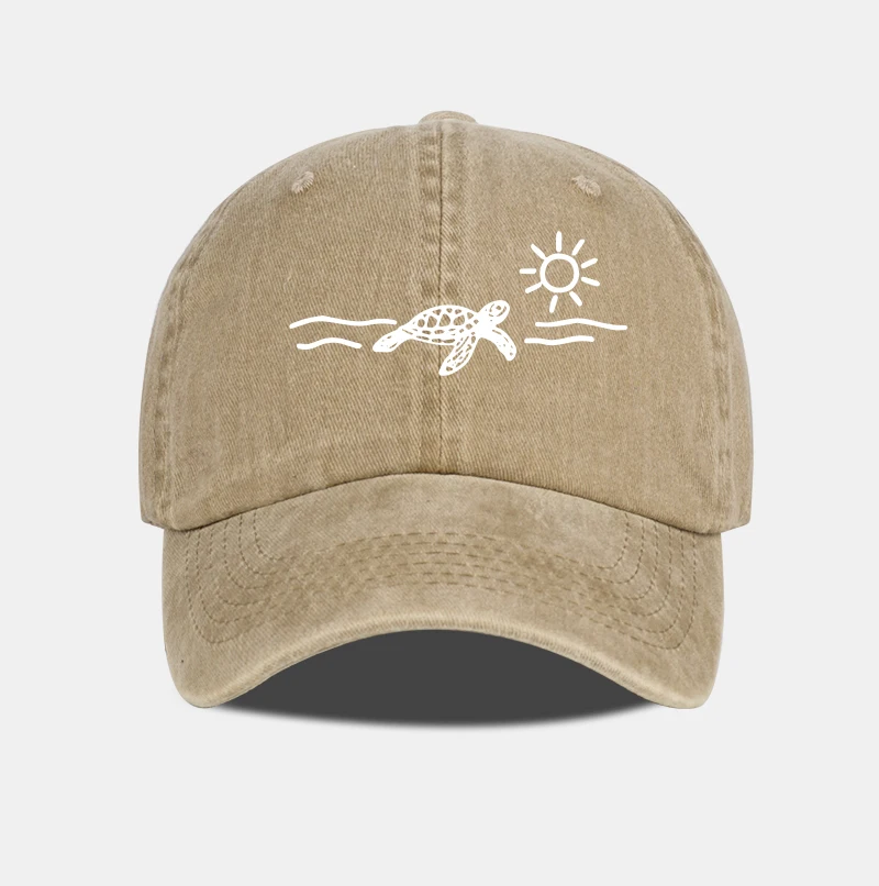 Vintage-Baseballkappe im Used-Look mit Schildkröten-, Sonnen- und Wellen-Print, Unisex-Kappe, perfekt für Strandurlaub, Camping und Angeln – Detail 5