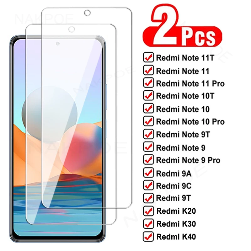 Защитное стекло для Xiaomi, Redmi Note 9, 10, 11 Pro, 10T, 11T, 9A, 9C, 9T, K20, K30, K40, из закаленного стекла, 2 шт.