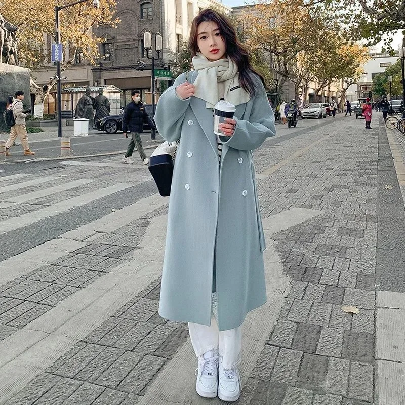

Осенне-зимнее свободное шерстяное пальто для женщин, Повседневная однотонная верхняя одежда с поясом, корейская мода, шикарное Женское пальто, одежда