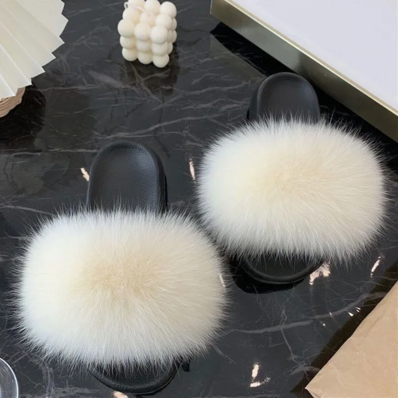 Summer Women Fox Fur Slippers Furry Flat Heels Fluffy Pink Slides High Quality Cozy Raccoon Fuzzy Sandals Fashion House Shoes - Image 3