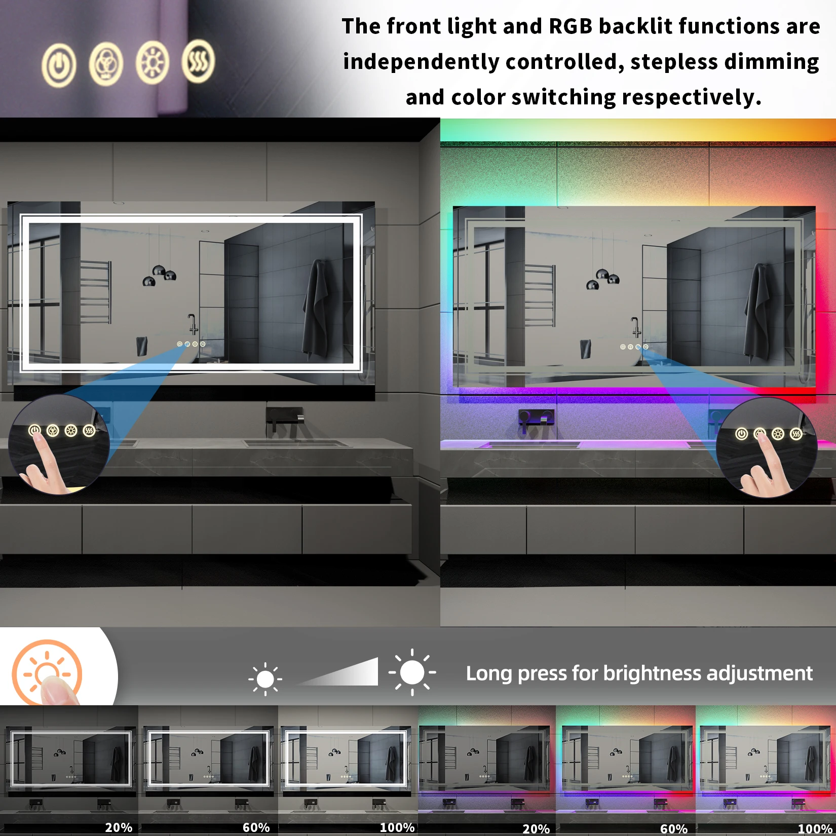 Large Full Size RGB LED Bathroom Mirror with Lights Vanity Wall Mirrors Dimmable Smart Anti-Fog Vertical/Horizontal 6