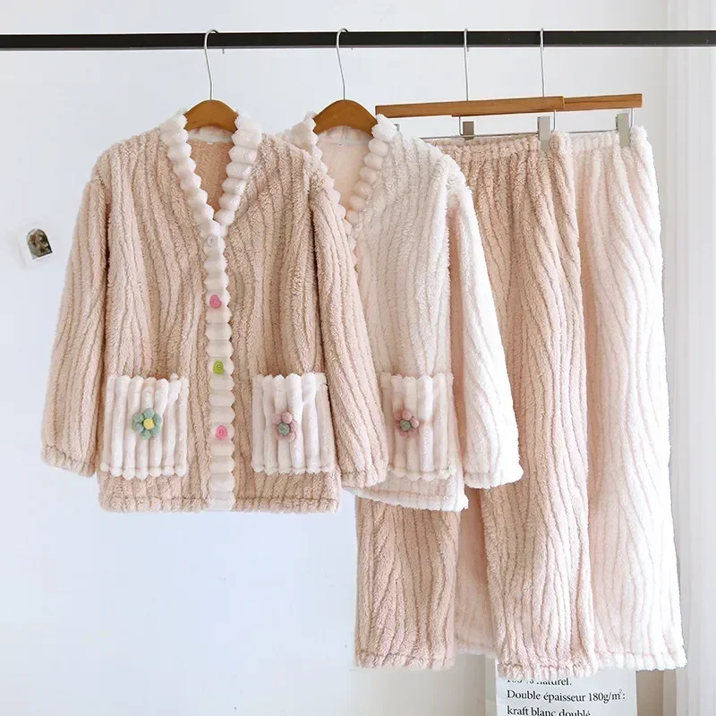 

Sleepwear Suits Clothing Thickened Warmth Pajamas Women Sleep New Winter Nightwear Night Female Nightie Flannel For