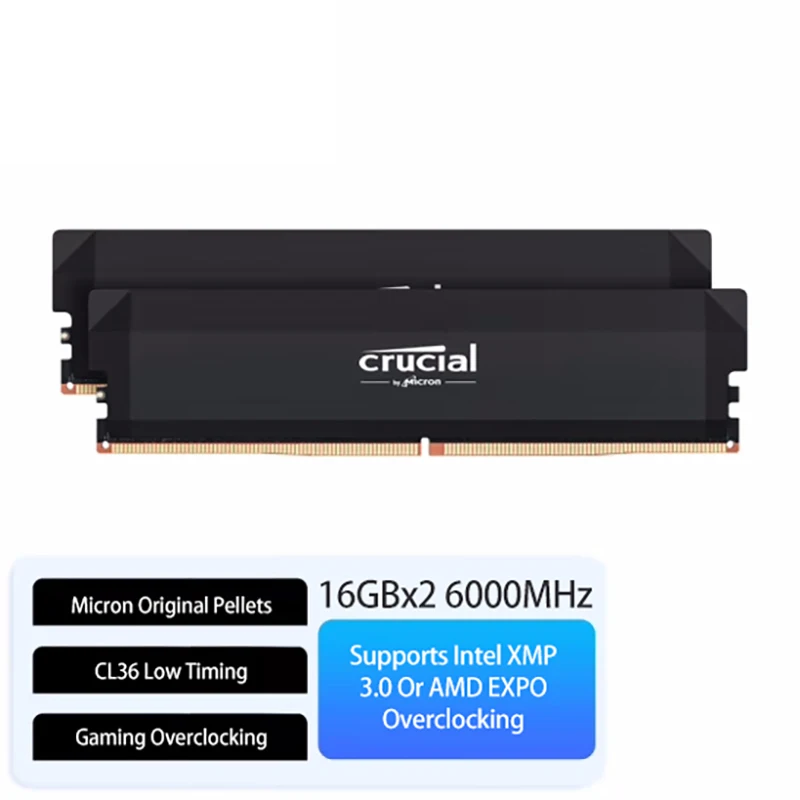 Crucial Pro RAM 키트, 32GB, 6000MHz, DDR5 오버클러킹 데스크탑 메모리, CP2K16G60C36U5B