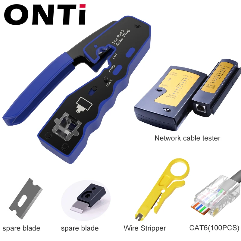 ONTi RJ45 Crimp Tool Pass Through Crimper for Crimping Cat8/7/6/5 Cat5e Connector with Replacement Blade Ethernet Cable Stripper elegiant cable tester Networking Tools