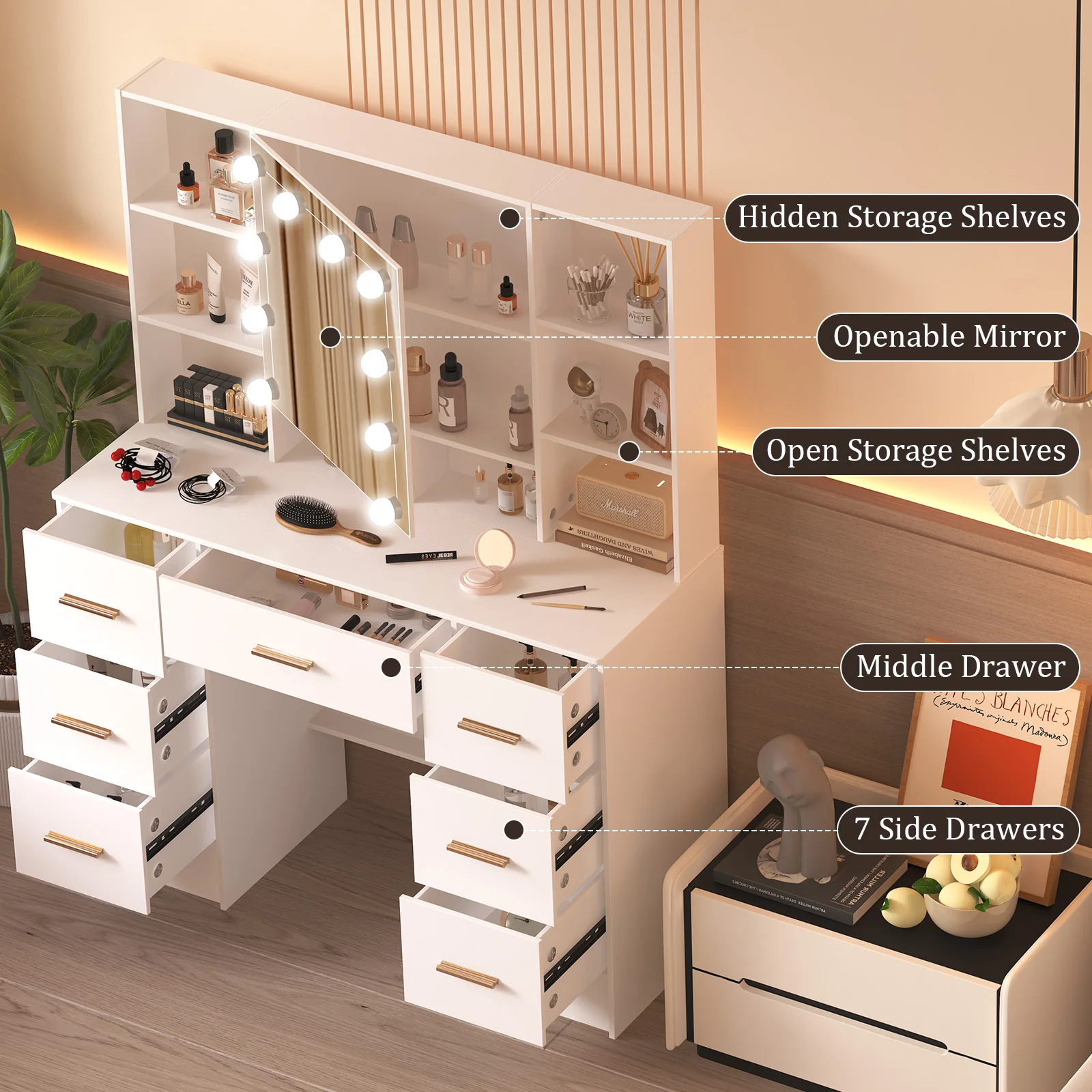 LED Light Bulbs Dressing Table with Mirror 7 Drawers Makeup Vanity Desk Organizer for Bedroom Storage