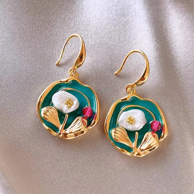 Vintage Ölgemälde Stil Blume Ohrringe Mode Imitiert Perle Geometrische Tropfen Ohrringe High-End-Hochzeit Schmuck Zubehör