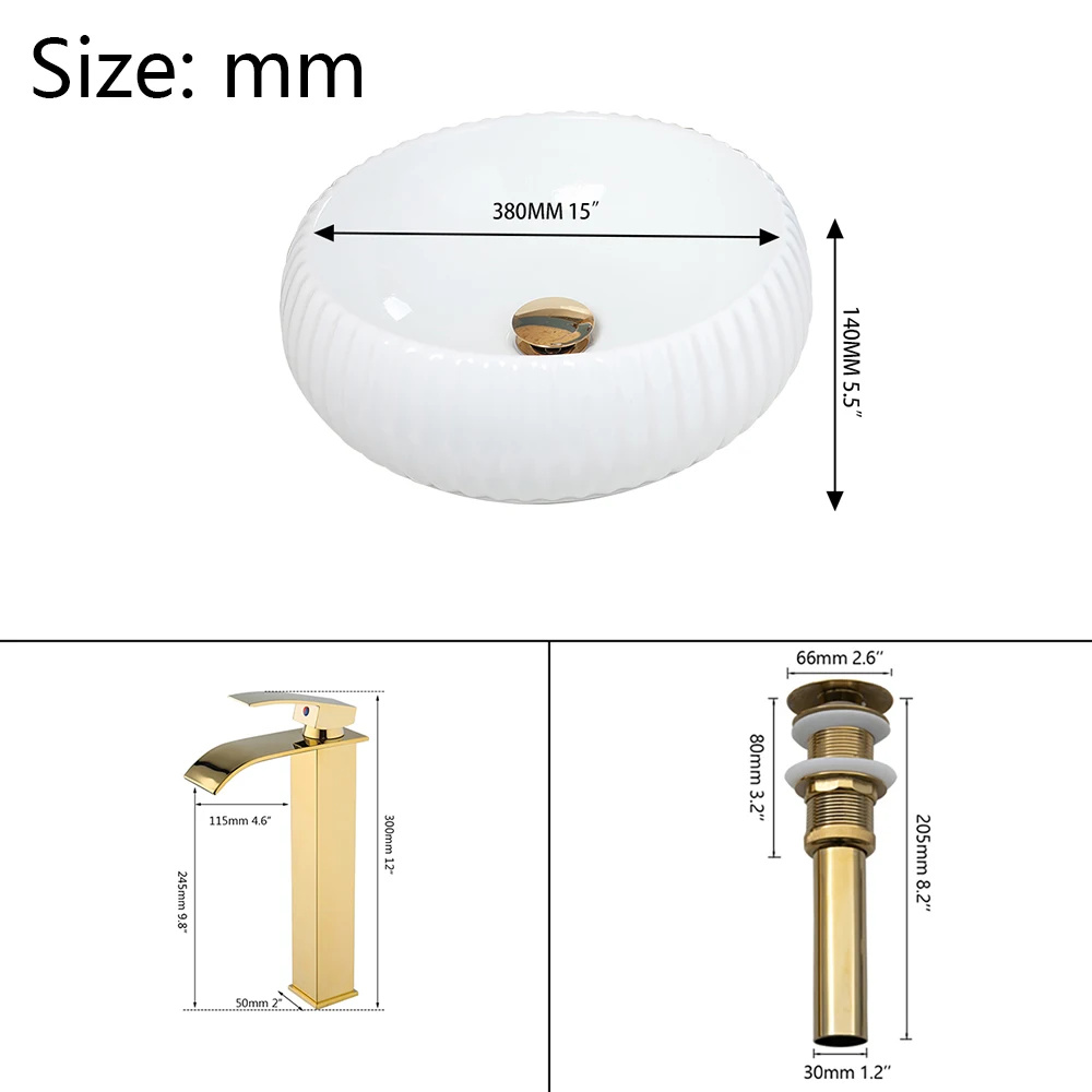 YANKSMART Round Bowl Bathroom Washbasin Sink White Ceramic Minimalist Counter Top Vessel Vanity with Faucet Pop-up Drain Set 2