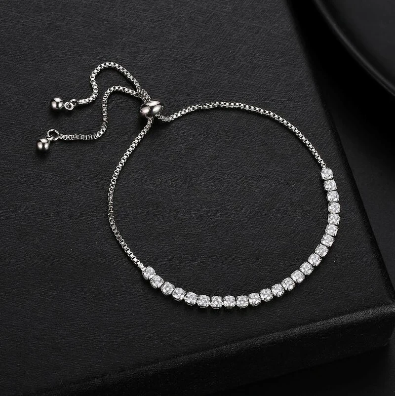 Allergy Free White Tibetan Silver Round Zircon CZ Beads Link Tennis Bracelet with Box Chain Adjustable Size HB76