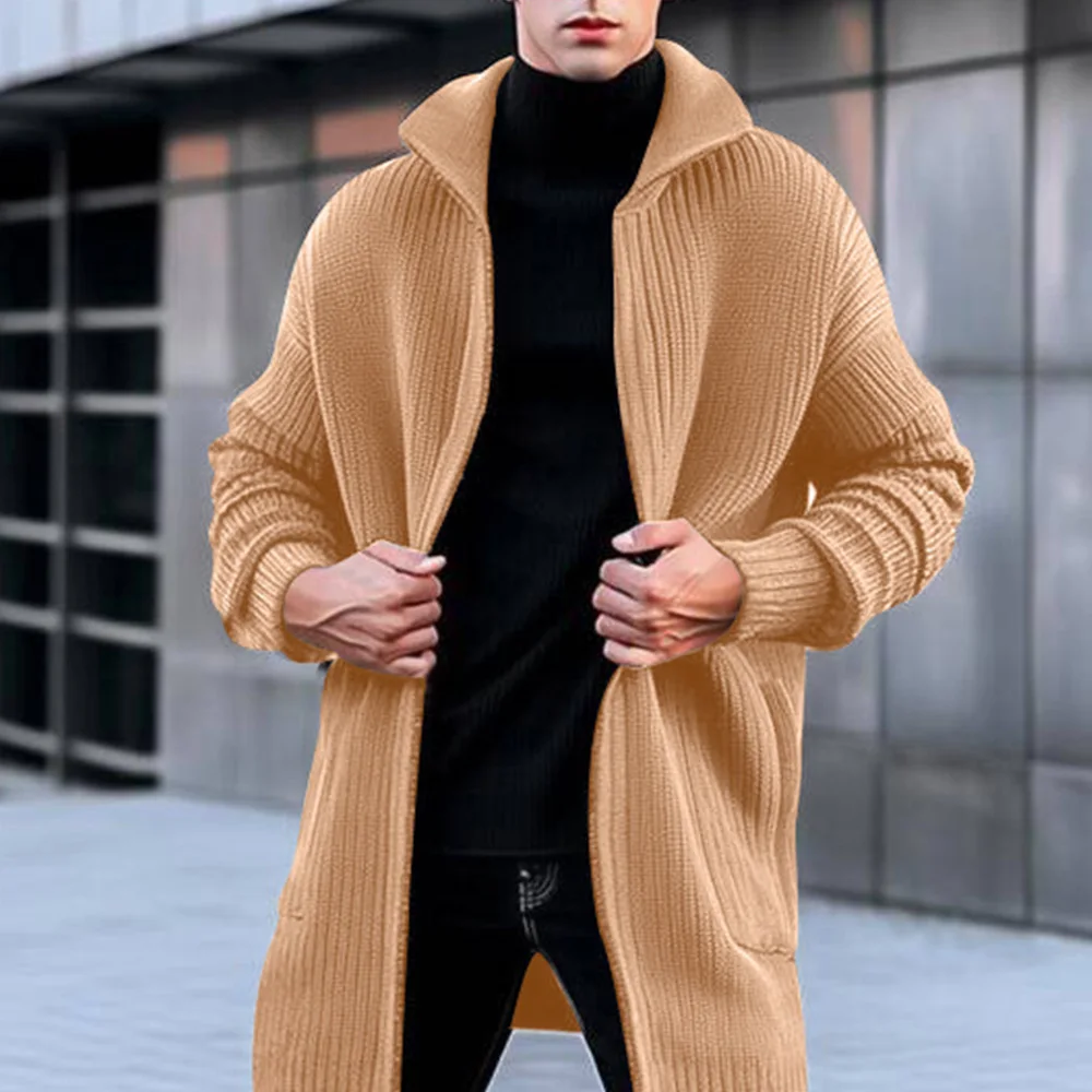 

Men Knitted Overcoats Male Long Sweater Cardigan Winter Warm Casual Long Sleeve Knit Jacket Autumn Lapel Pleated Men Knit Coats