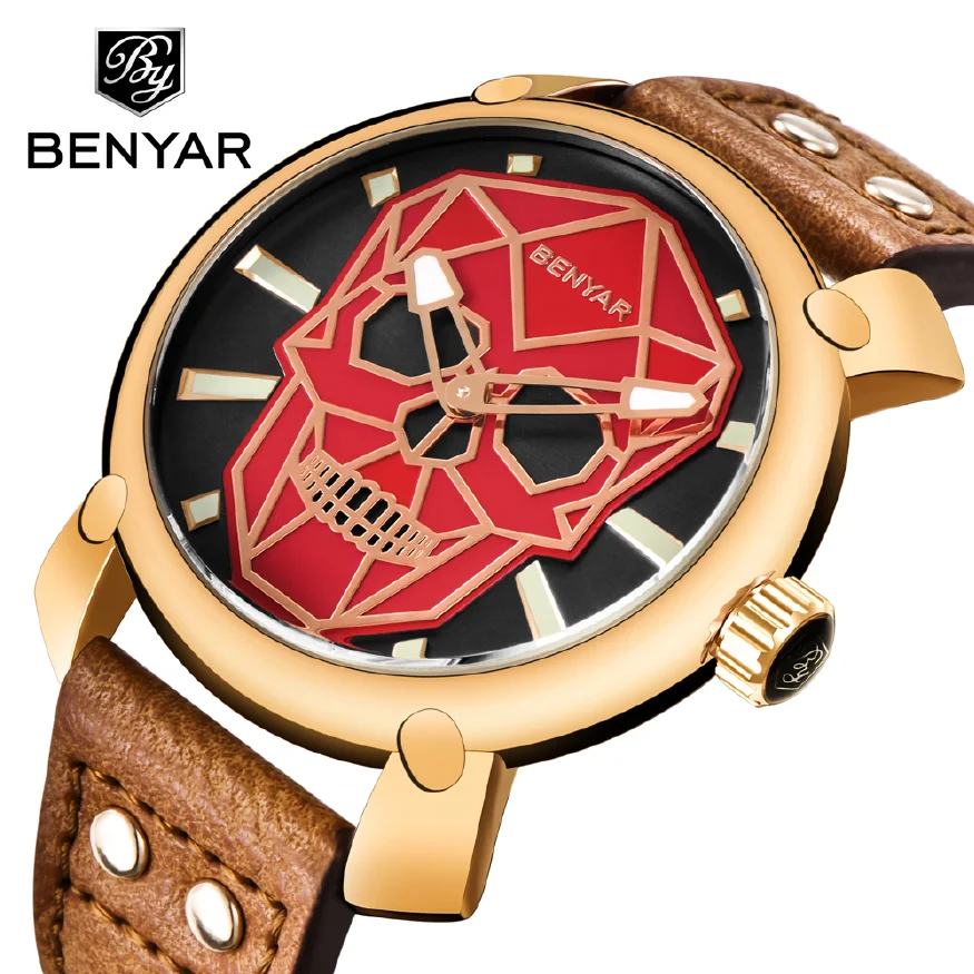

BENYAR Skull Quartz Wristwatch for Men Watches 2023 Luxury Brand Leather Sport Watch Waterproof Men's Clock relogio masculino