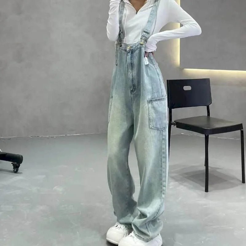 

Denim Jumpsuits Casual Straight Washed jeans Korean Style Fashion Solid Vintage Blue Rompers One Piece Outfits Women Clothing