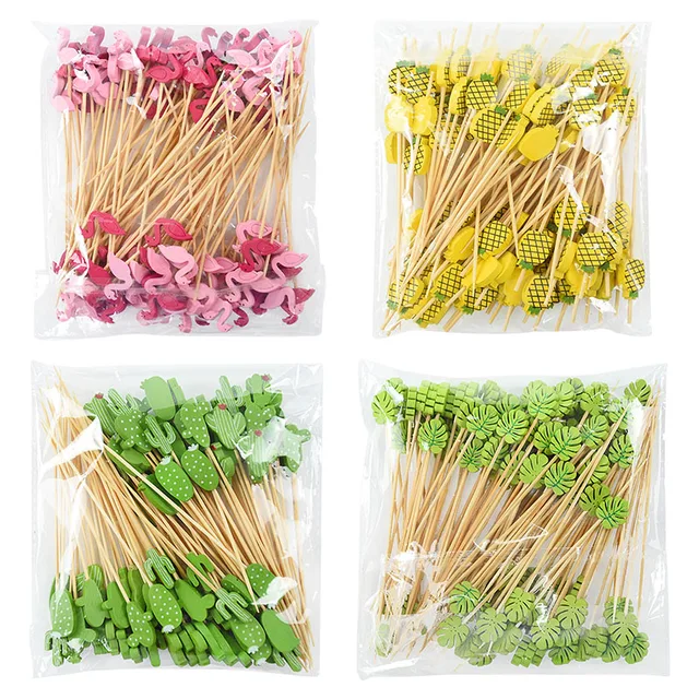 100Db Nyári Saláta Gyümölcs Villa Trópusi Parti Kaktusz Üvegflamingó Dekorációk Bár Desszert Koktél Bambusz Bot Hawaii Dekoráció