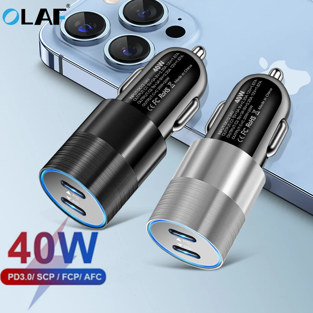 

40W Dual PD USB Type C Car Charger Fast Charging For iphone 12 11 13 Pro Max Samsung Xiaomi Huawei Mobile Phone Charger in Car